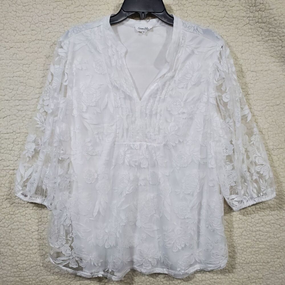 Siren Lily White Floral Lined Sheer Lace  3/4 Sleeve Open V Neck Blouse 2X